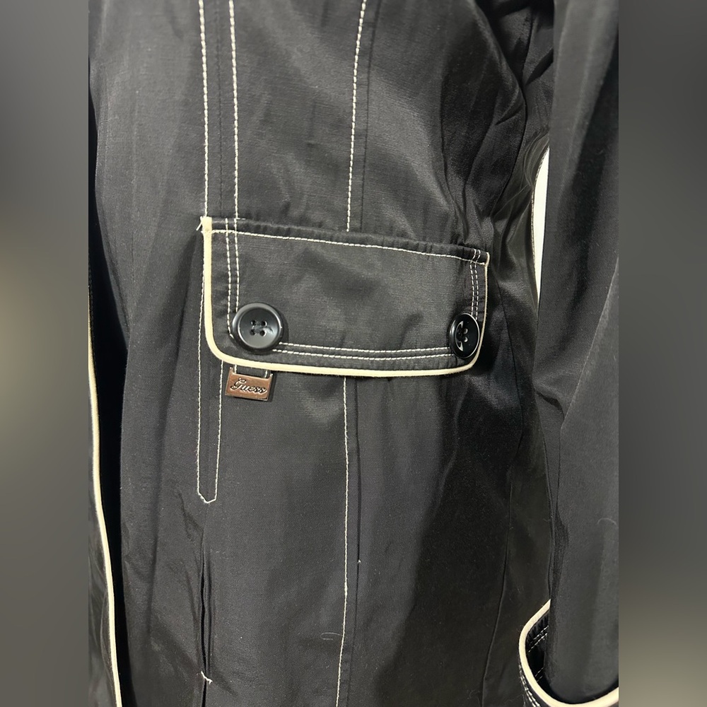 Y2K GUESS Womenβs Sz XL Black Trench Coat Jacket Double-Breast Pleated - Picture 6 of 16